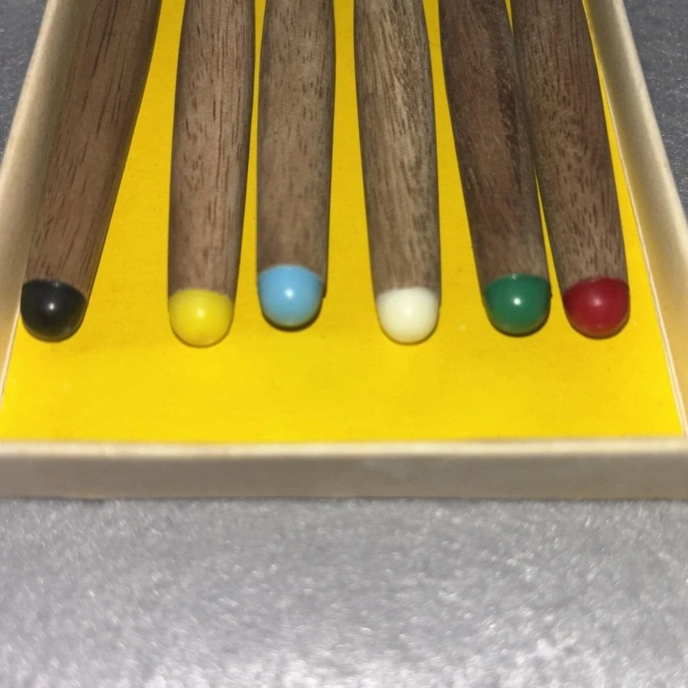 Vintage Fondue Forks 6pc Set Stainless Steel Teak Coded Handles w/Box ~Japan